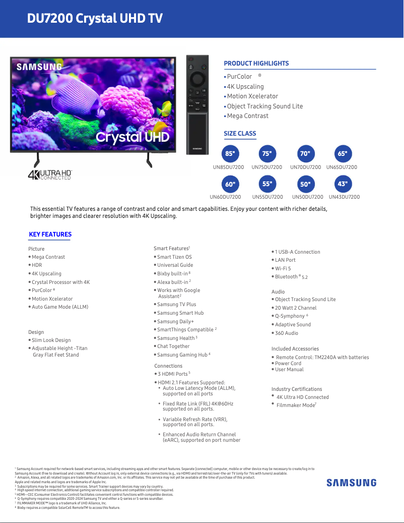 Page 1 de la notice Fiche technique Samsung UN50DU7200F
