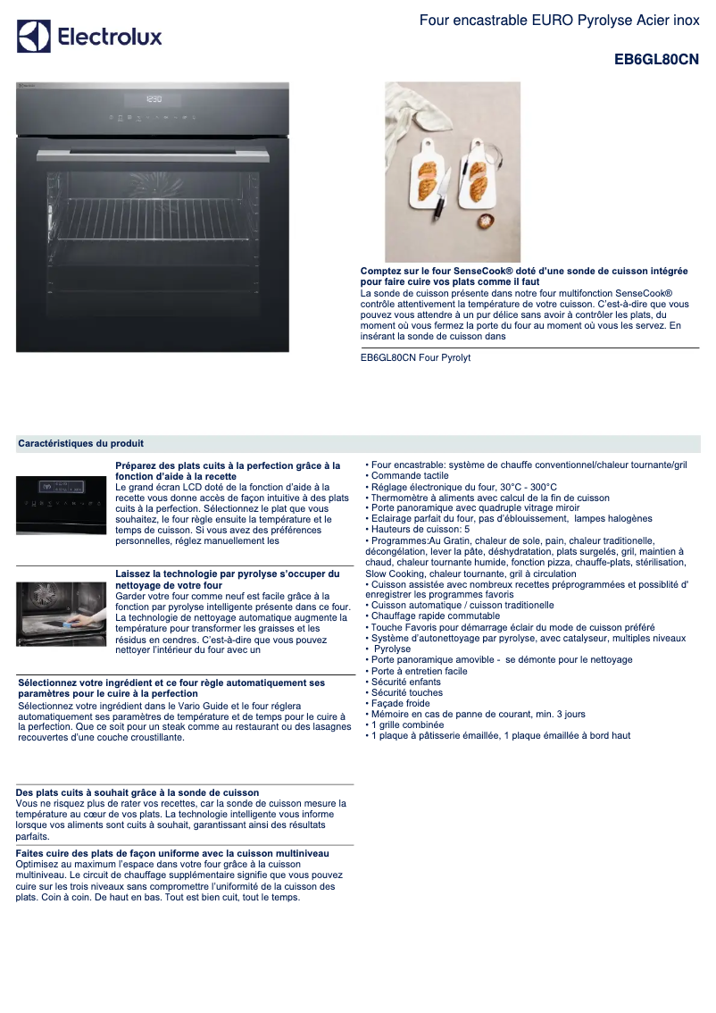 Page 1 de la notice Fiche technique Electrolux EB6GL80CN