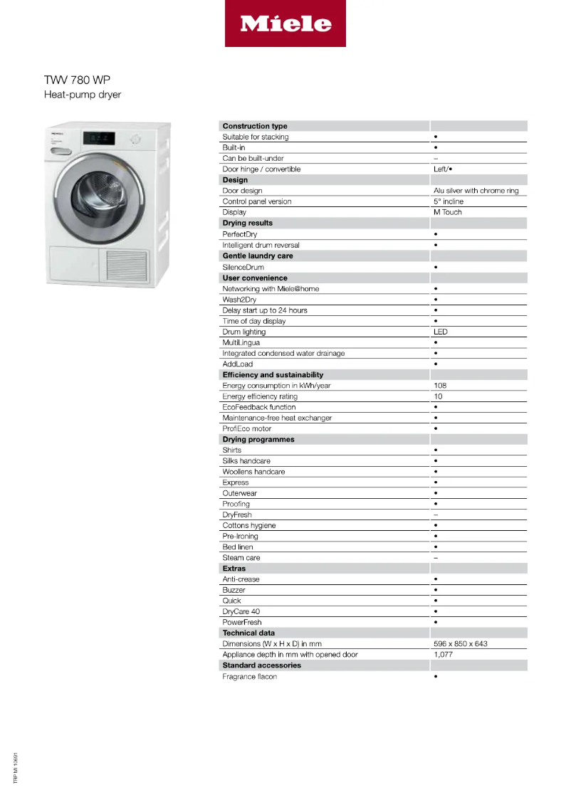 Página 1 del manual Ficha técnica Miele TWV780WPS