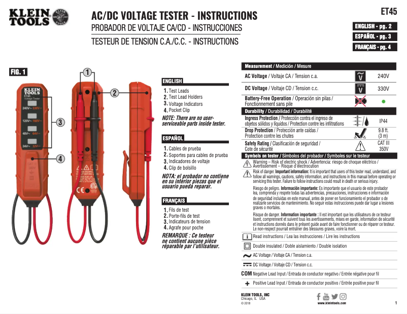 Page 1 de la notice Manuel utilisateur Klein Tools ET45
