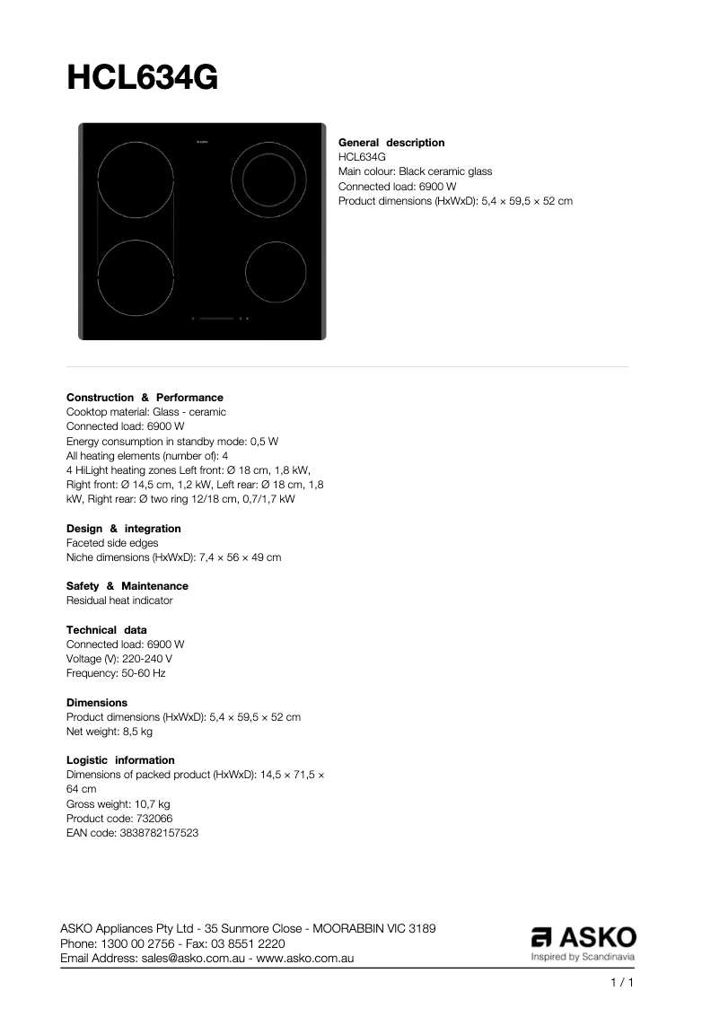 Page n°1 - Fiche technique Asko HCL634G