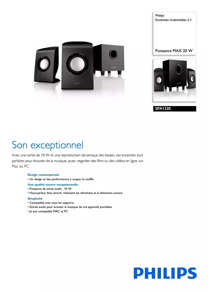 Page 1 de la notice Fiche technique Philips SPA1330