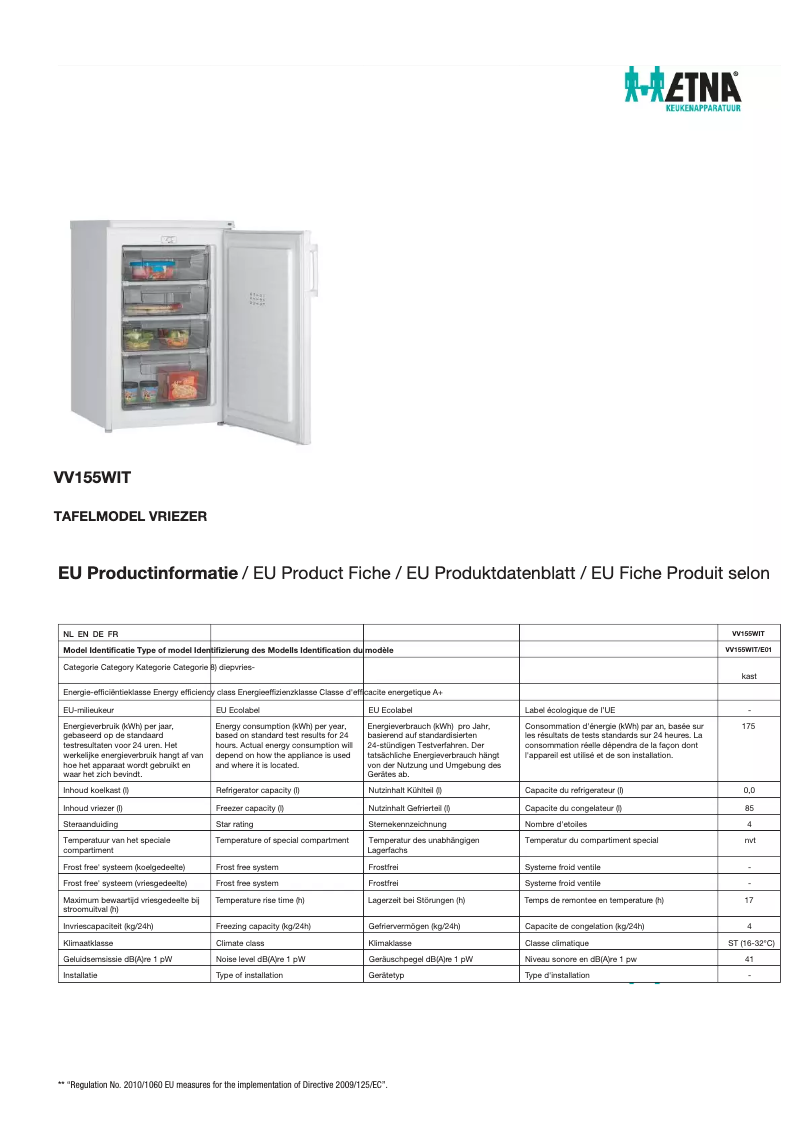 Page 1 de la notice Fiche technique Etna VV155WIT
