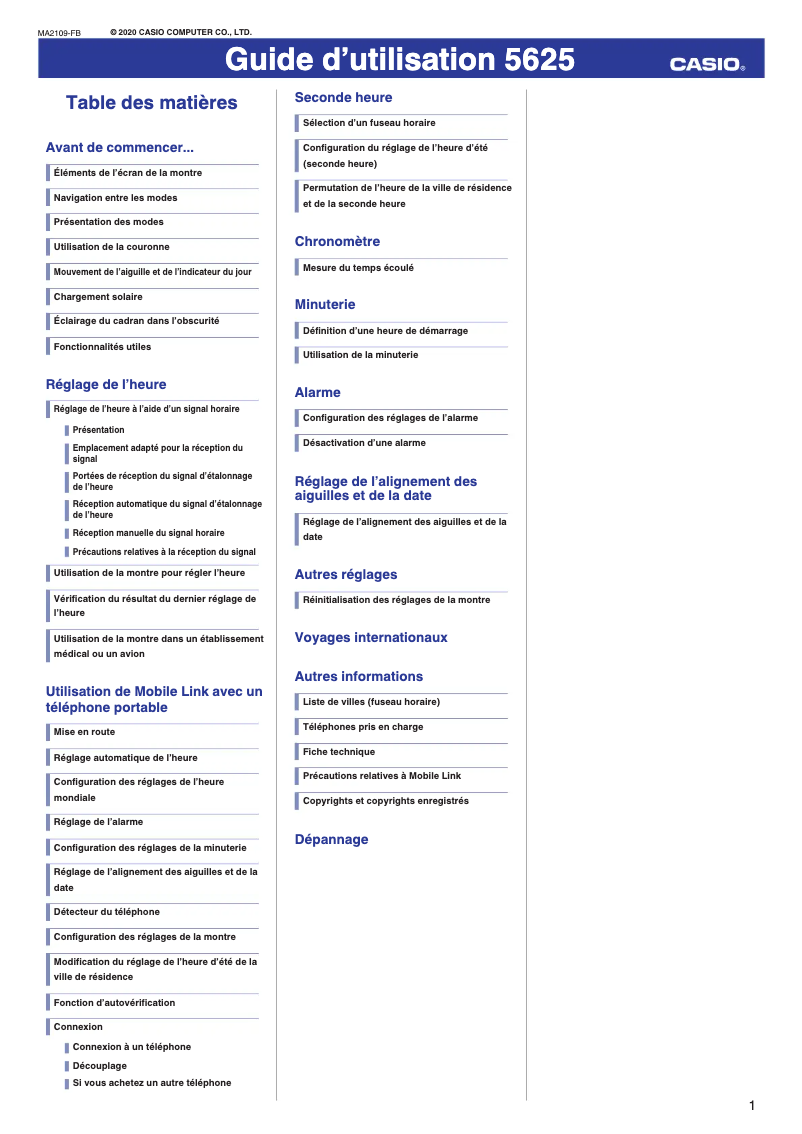 Page 1 de la notice Manuel utilisateur Casio G-Shock GW-5625