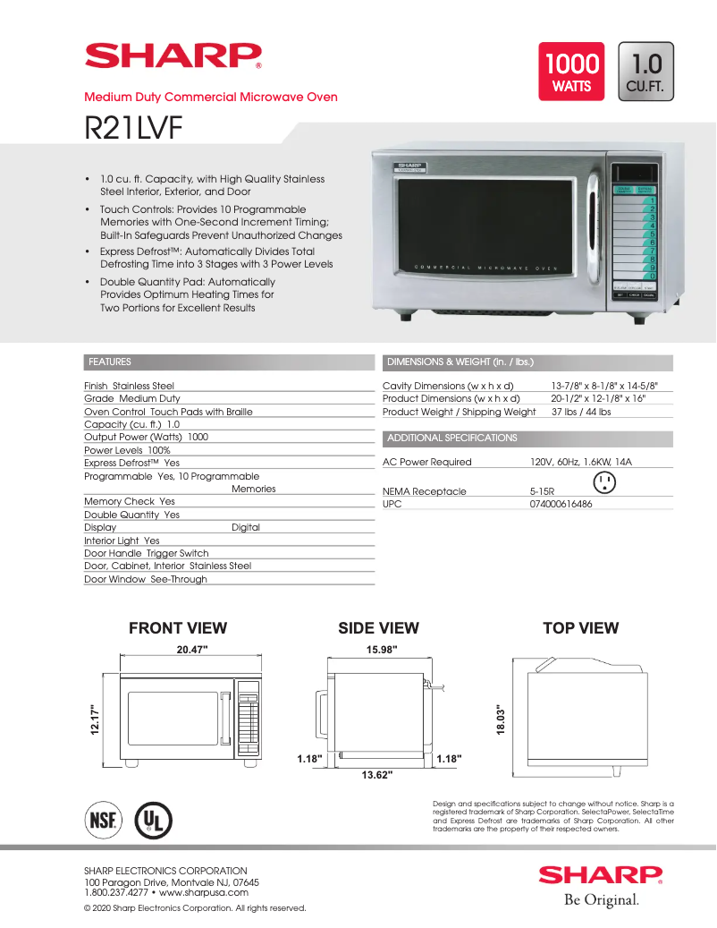 Page n°1 - Fiche technique Sharp R-21LVF