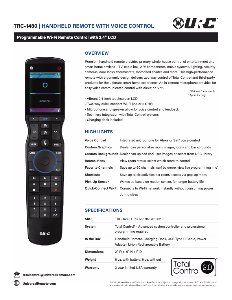 Page n°1 - Fiche technique Universal Remote Control TRC-1480