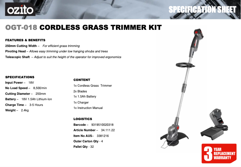 Page n°1 - Fiche technique Ozito OGT-018