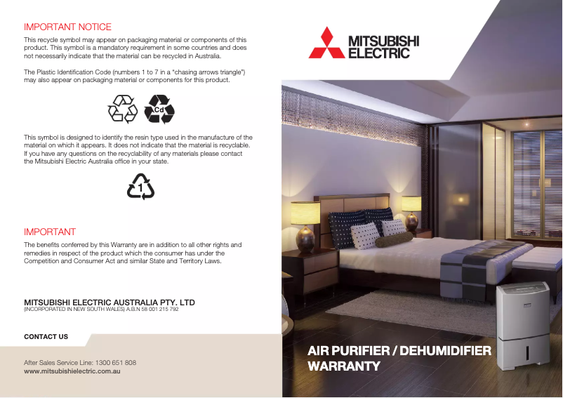 Page 1 de la notice Informations de garantie Mitsubishi MA-E85R-A