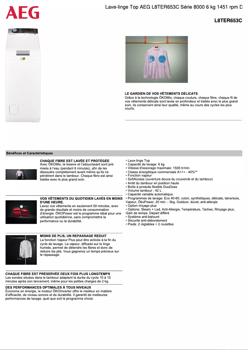 Page n°1 - Fiche technique AEG L8TER653C