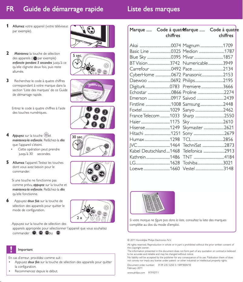 Page 1 de la notice Guide de démarrage rapide Philips Perfect replacement SRP3004