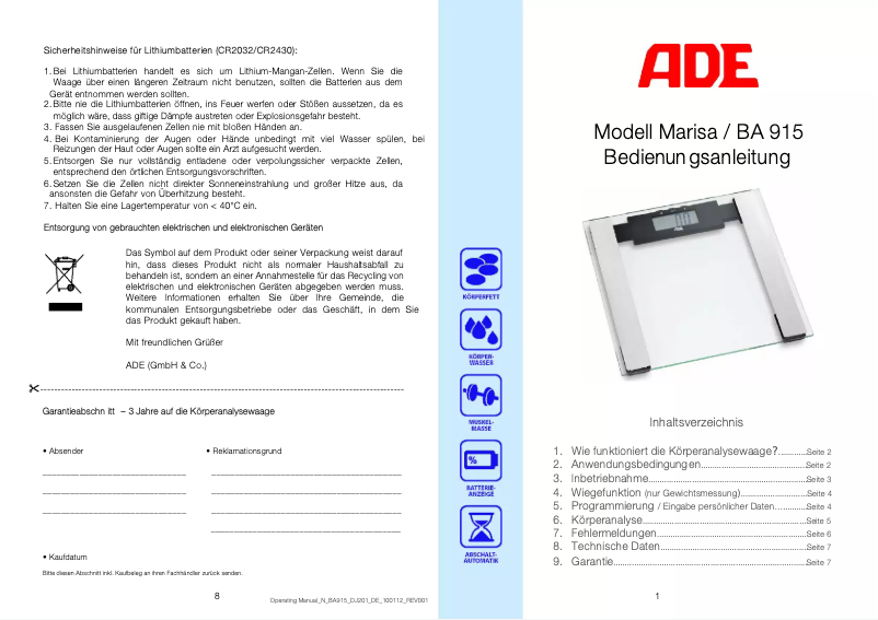 Page n°1 - Manuel utilisateur ADE Marisa BA 915