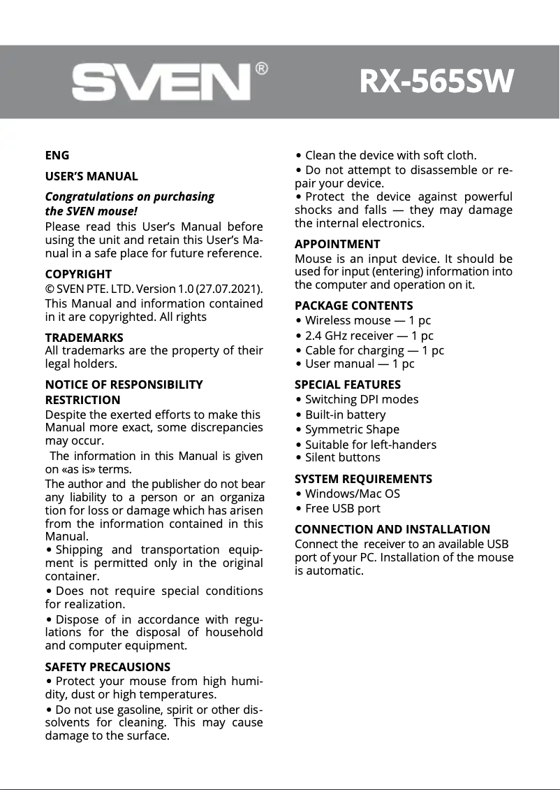 Page 1 de la notice Manuel utilisateur Sven RX-565SW