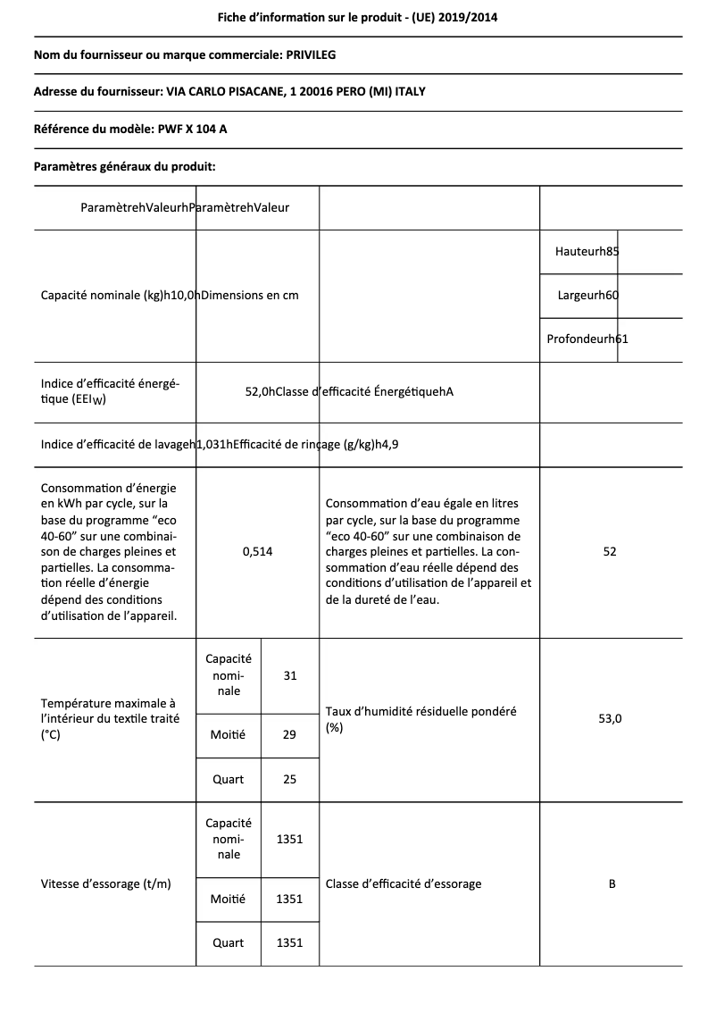 Page 1 de la notice Fiche technique Privileg PWF X 104 A