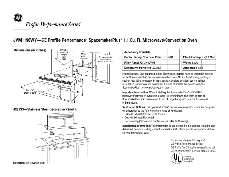Page 1 de la notice Fiche technique GE JVM1190WY