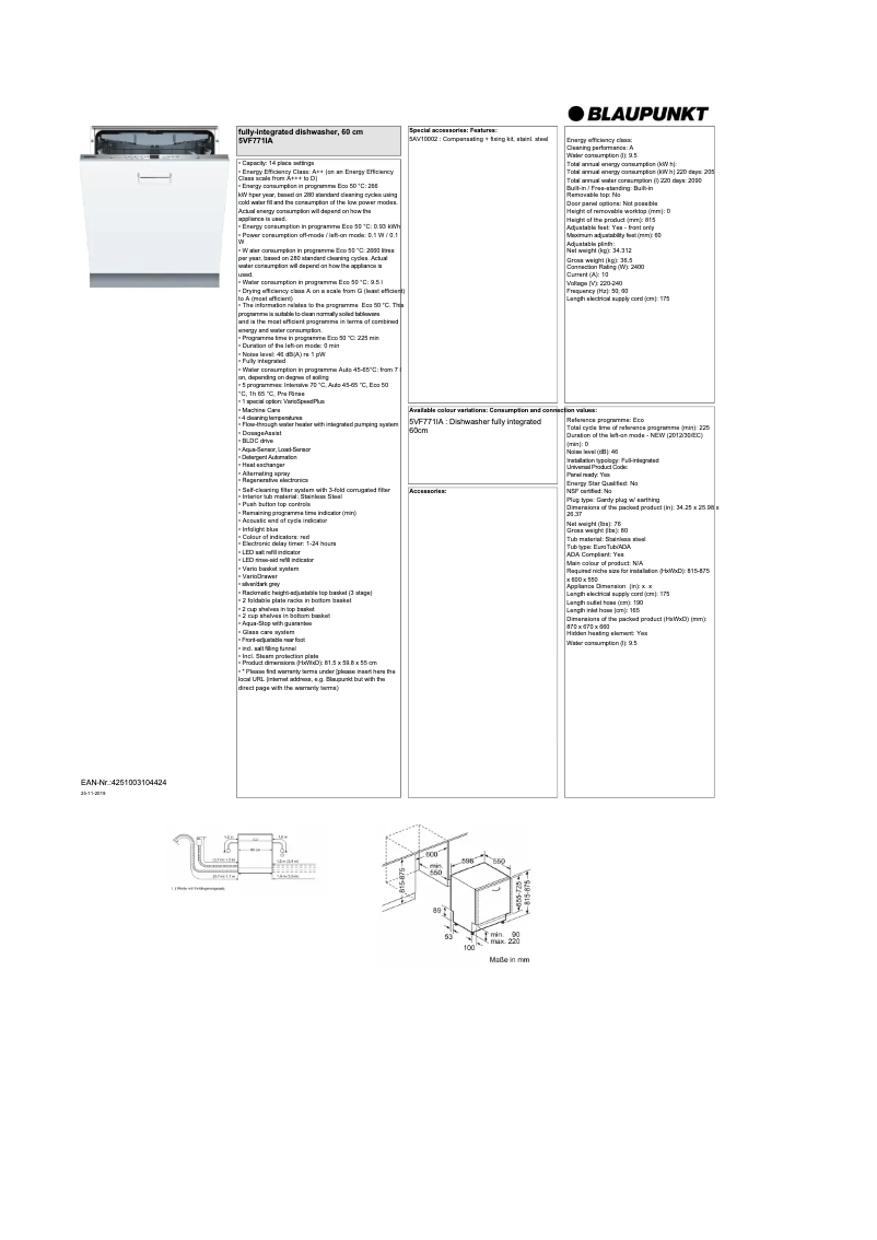 Página 1 del manual Ficha técnica Blaupunkt 5VF 771IA