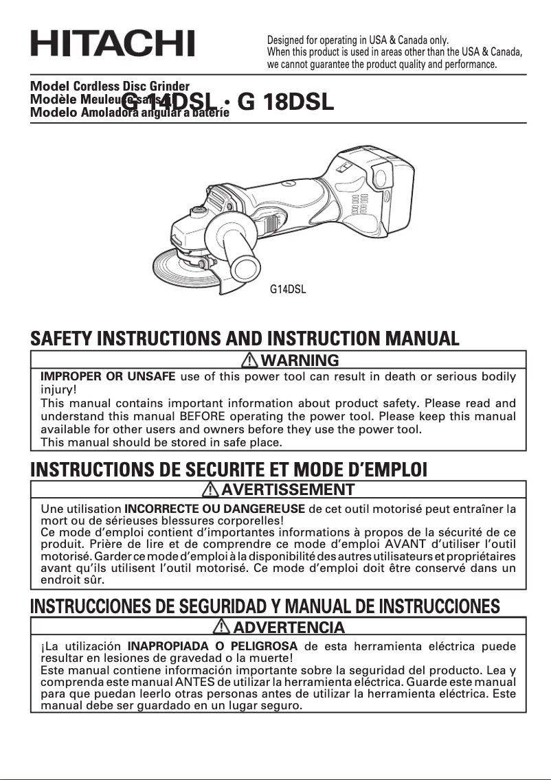 Page 1 de la notice Manuel utilisateur HiKOKI G 14DSL