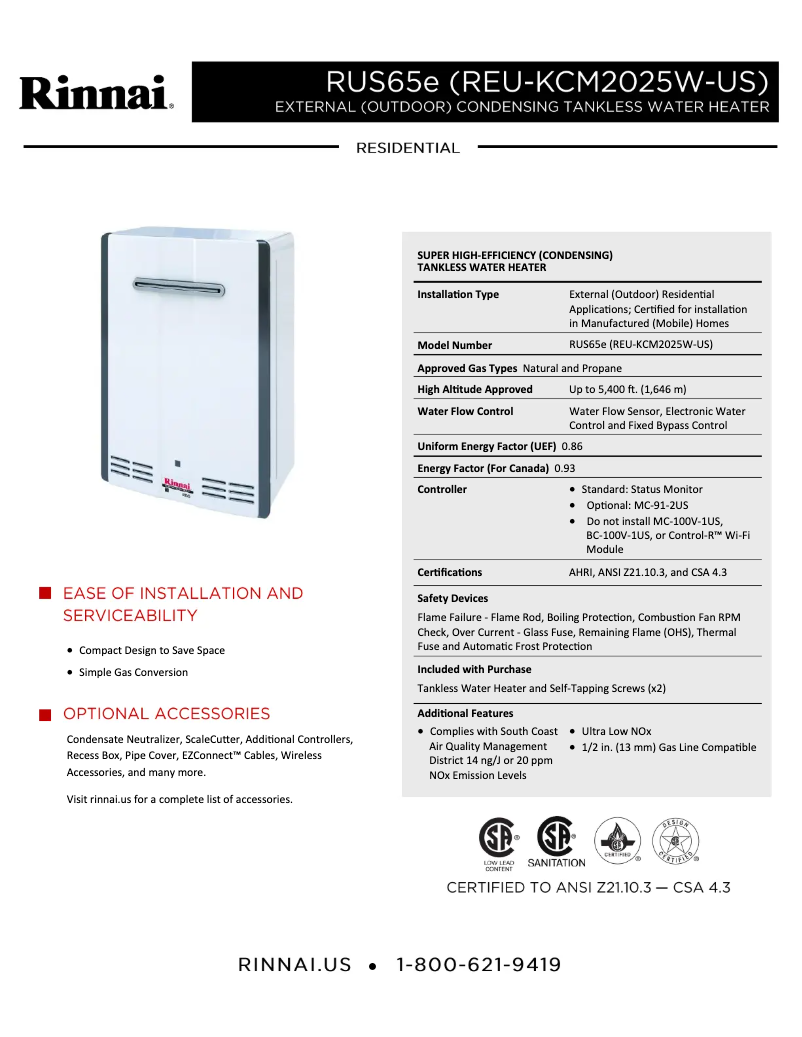 Page 1 de la notice Fiche technique Rinnai RUS65eP