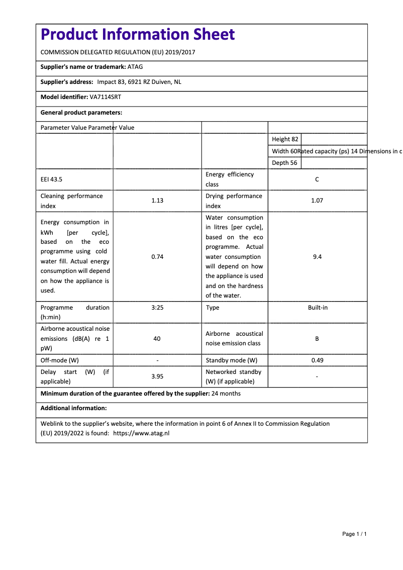 Page 1 de la notice Fiche technique Atag VA7114SRT