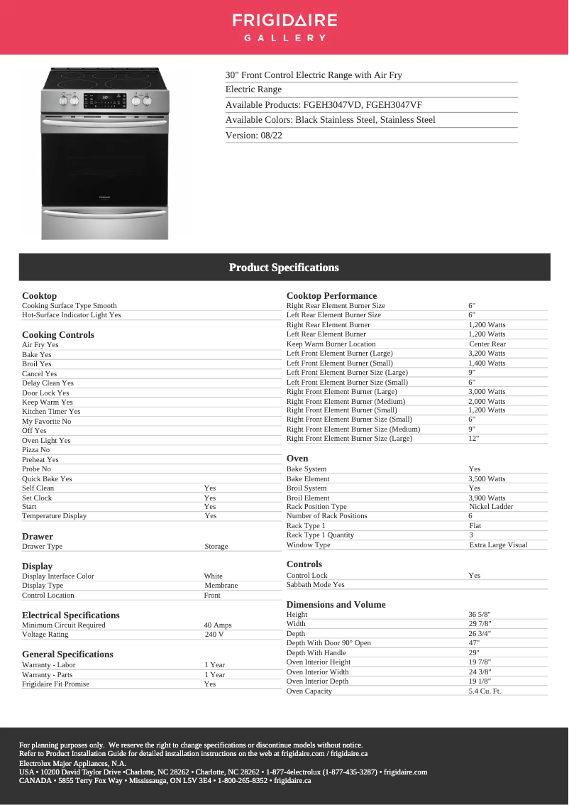 Page n°1 - Fiche technique Frigidaire FGEH3047VD