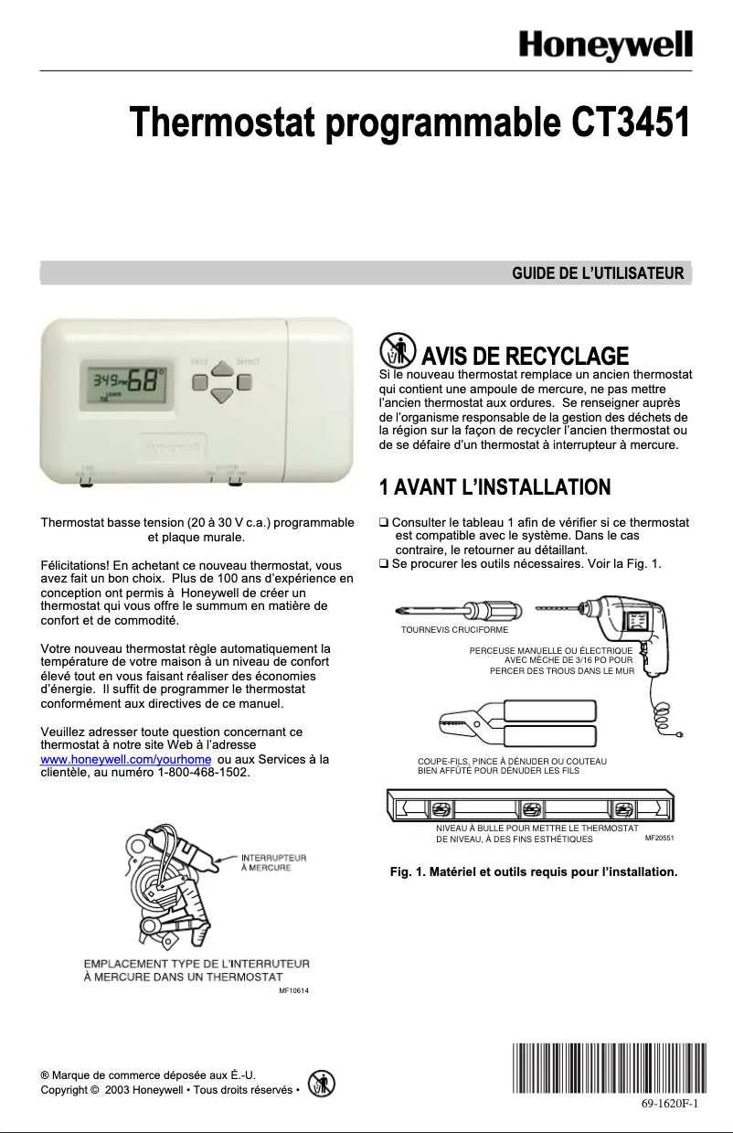 Page 1 de la notice Manuel utilisateur Honeywell CT3451
