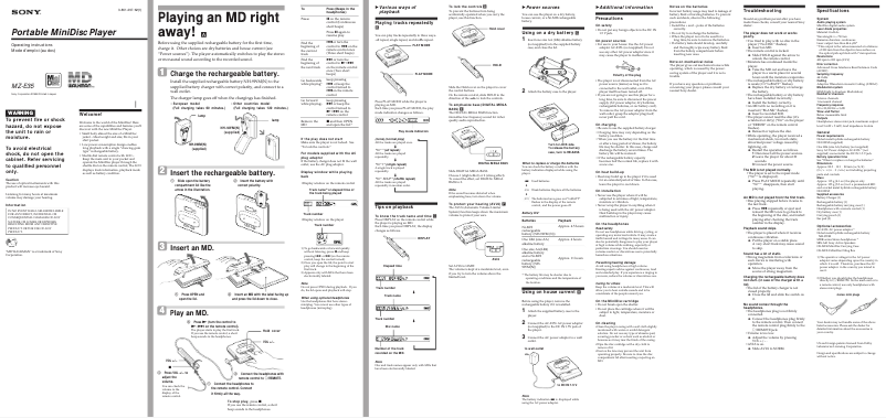 Page 1 de la notice Manuel utilisateur Sony MZ-E35