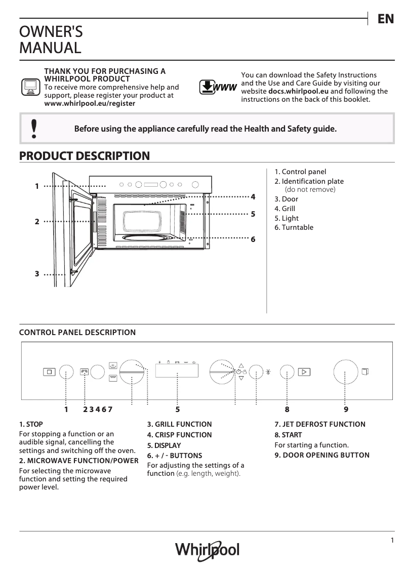 Page 1 de la notice Manuel d'utilisation et d'entretien Whirlpool W6 MN840