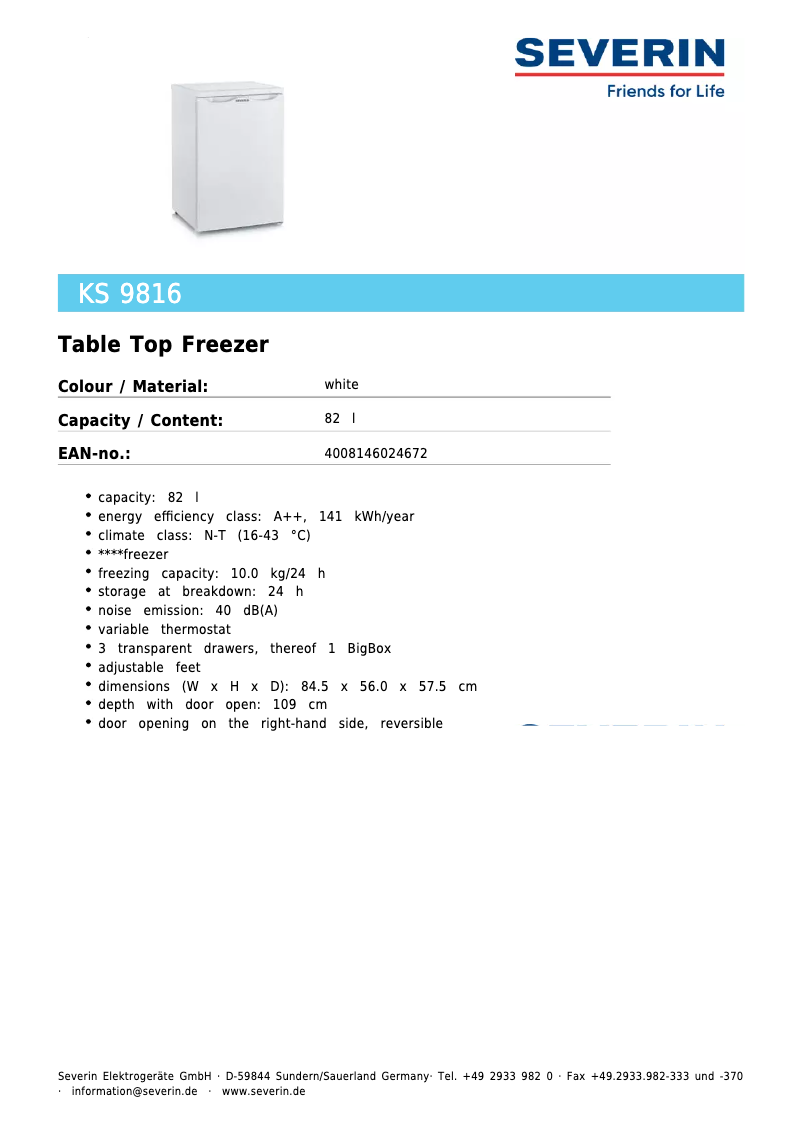 Page 1 de la notice Fiche technique Severin KS 9816