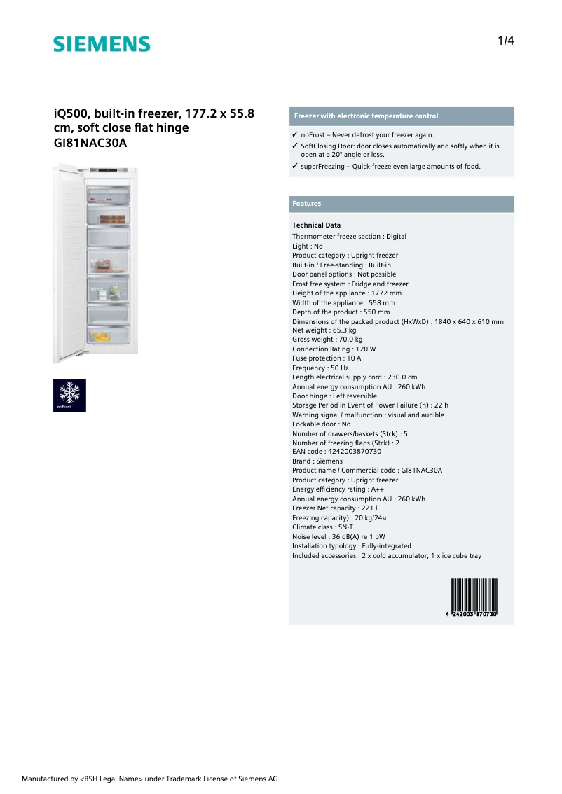 Page 1 de la notice Fiche technique Siemens GI81NAC30A