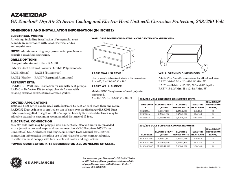 Page 1 de la notice Fiche technique GE AZ41E12DAP Zoneline