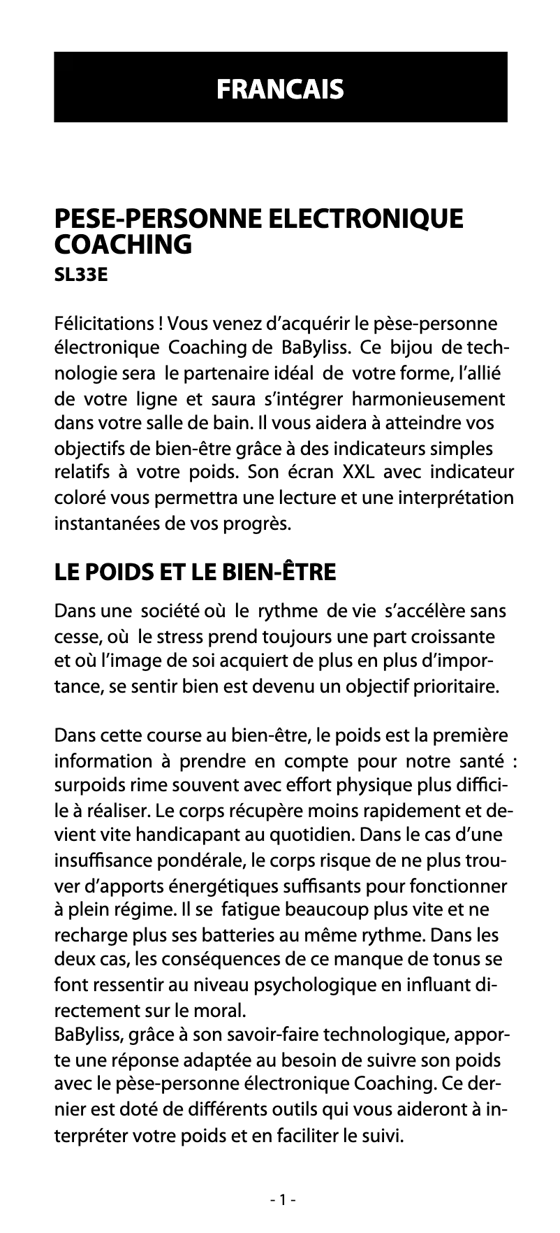 Página 1 del manual Manual de usuario BaByliss SL33E Våg