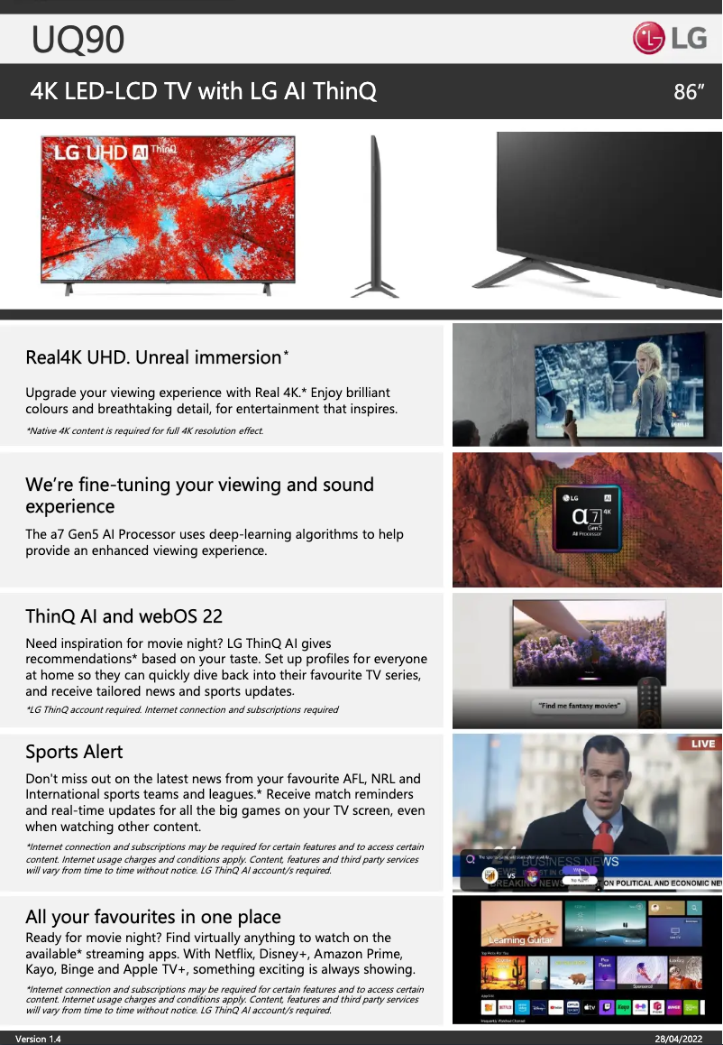 Page 1 de la notice Fiche technique LG 86UQ9000PSD