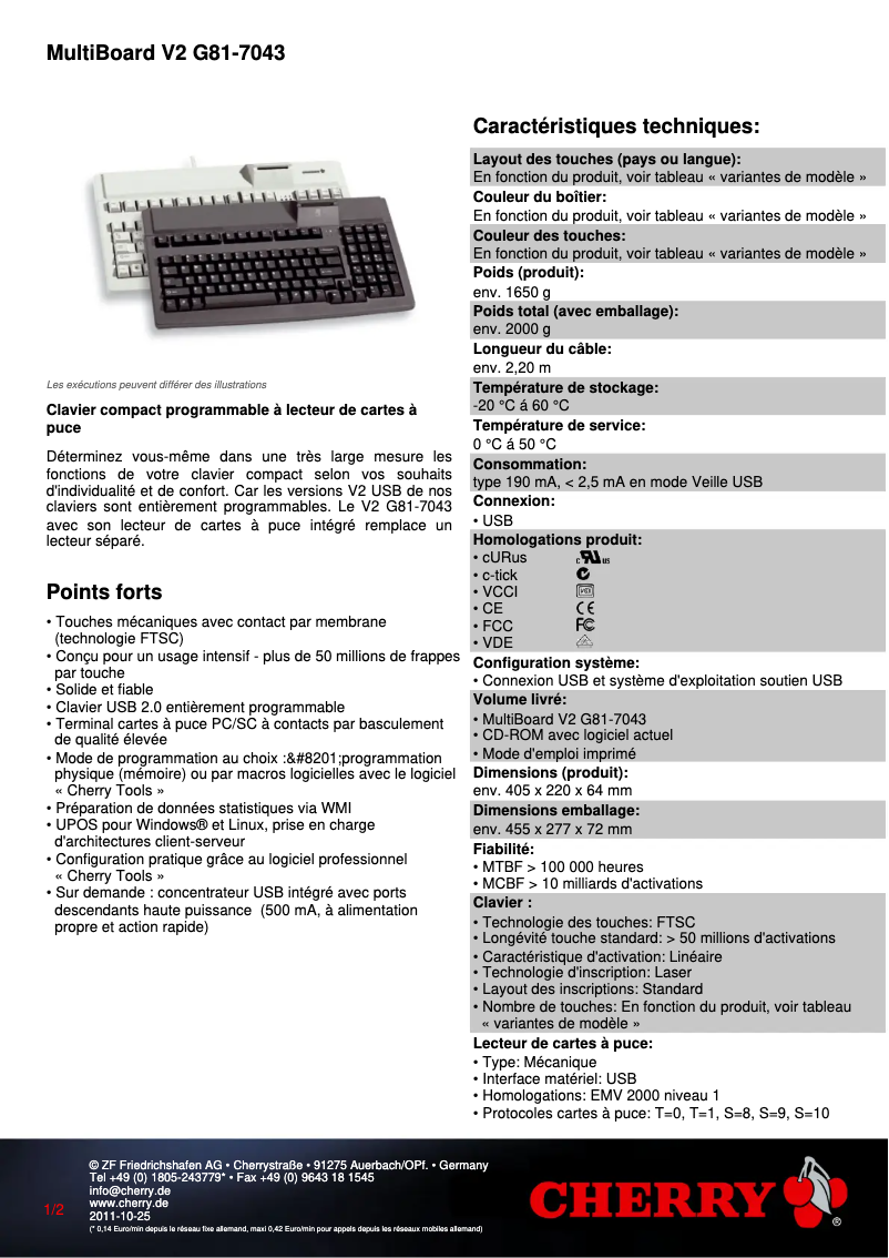 Page 1 de la notice Fiche technique Cherry MultiBoard V2 G81-7043