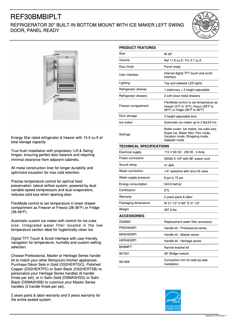 Page 1 de la notice Fiche technique Bertazzoni REF30BMBIPLT