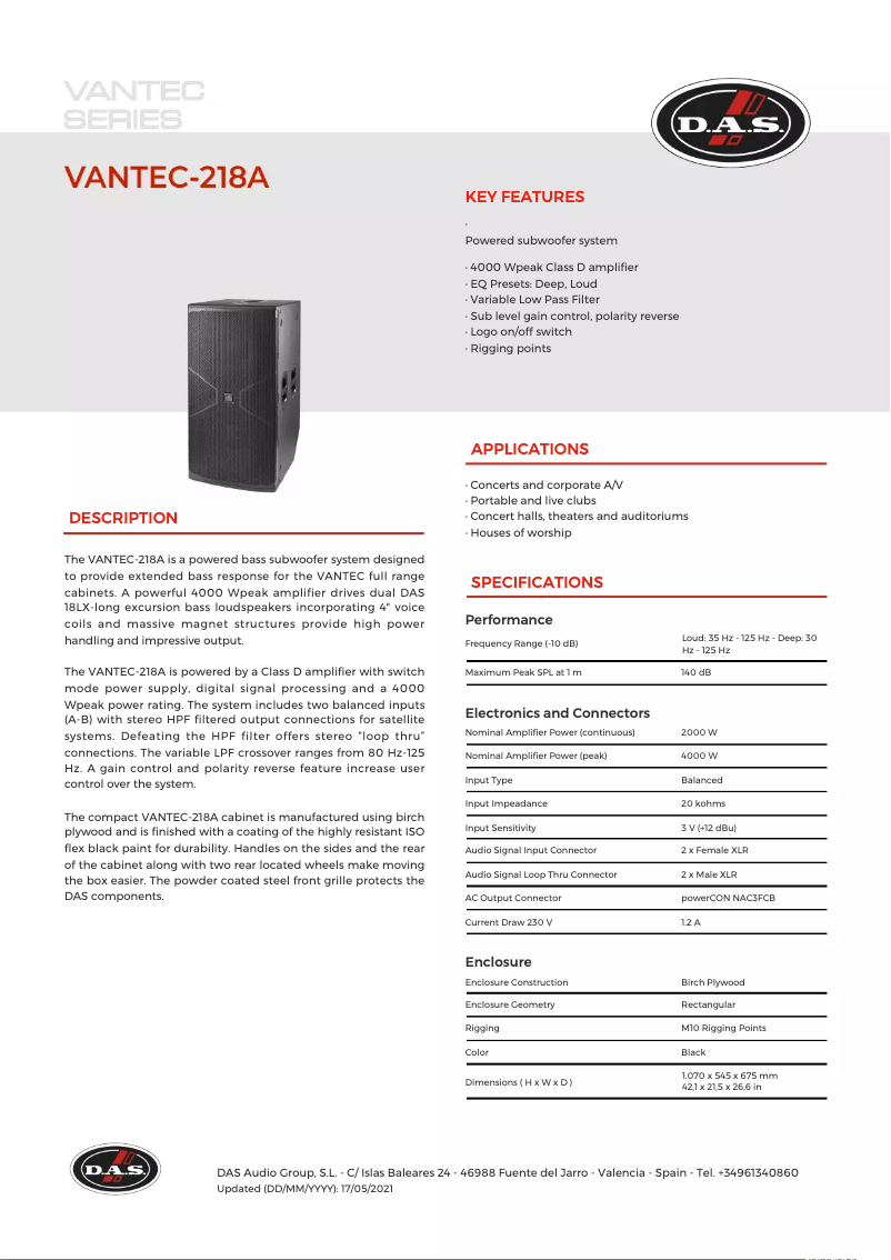 Page 1 de la notice Fiche technique DAS Audio Vantec-218A