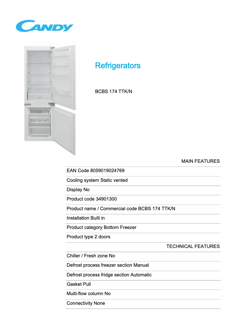 Page 1 de la notice Fiche technique Candy BCBS 174 TTK/N