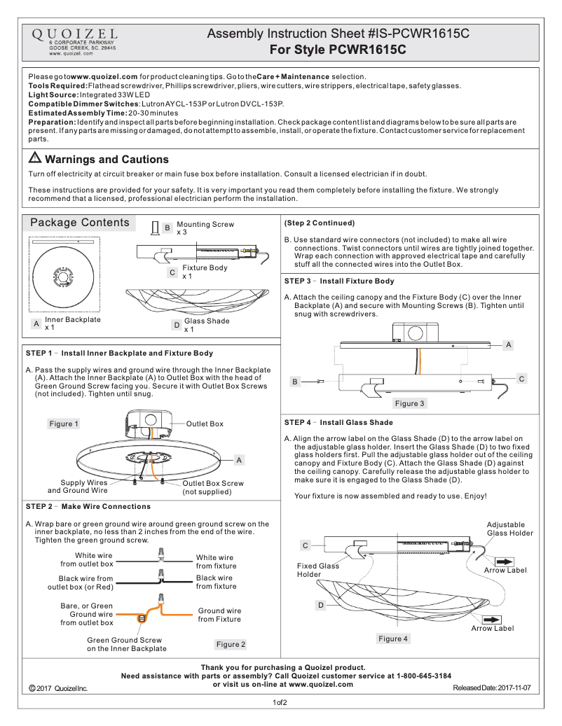 Page 1 de la notice Manuel utilisateur Quoizel PCWR1615C