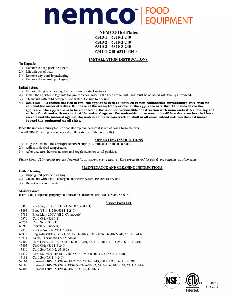 Page 1 de la notice Manuel utilisateur Nemco 6311-4-240