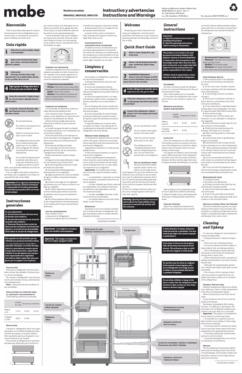 Page n°1 - Manuel utilisateur Mabe RMA1130YMFEA