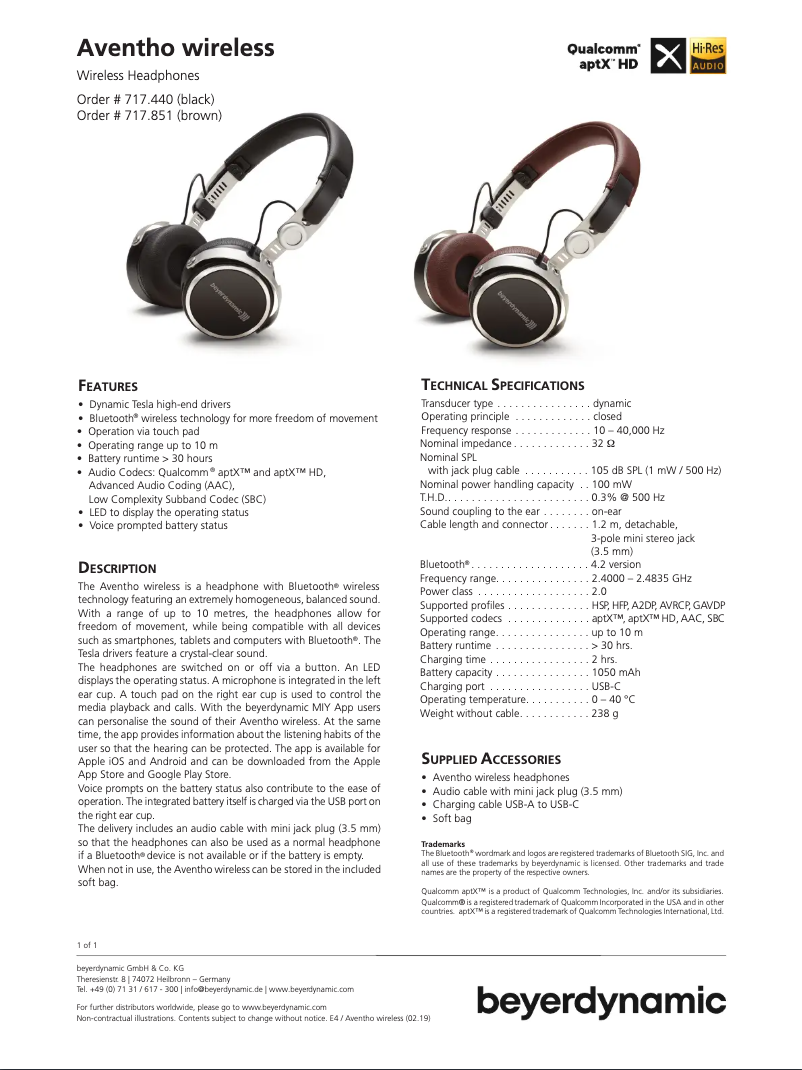Page 1 de la notice Fiche technique Beyerdynamic Aventho Wireless