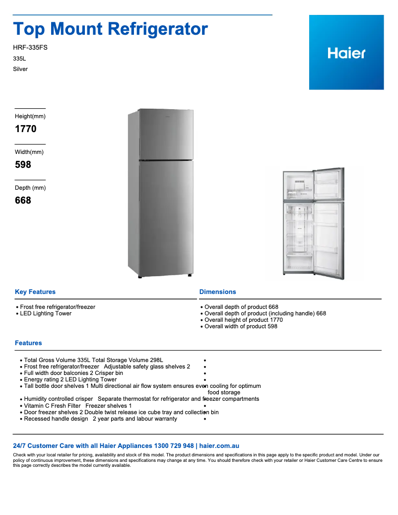 Page 1 de la notice Fiche technique Haier HRF-335FS