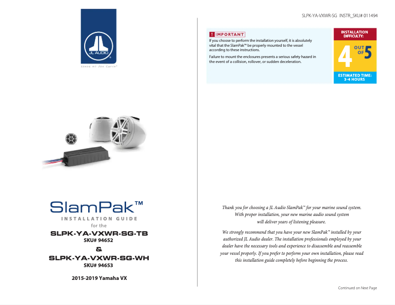 Page 1 de la notice Manuel utilisateur JL Audio SlamPak SLPK-YA-VXWR-SG-WH
