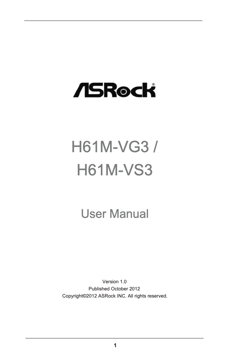 Page 1 de la notice Manuel utilisateur Asrock H61M-VG3