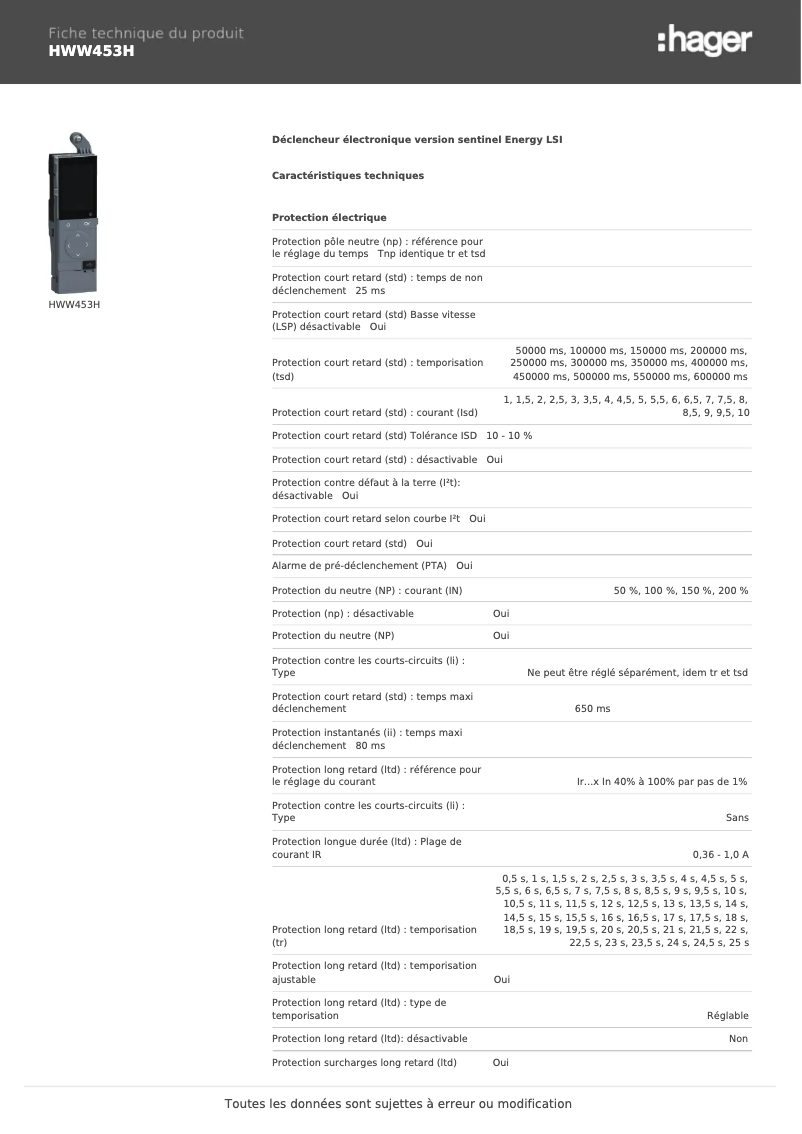 Page n°1 - Fiche technique Hager HWW453H