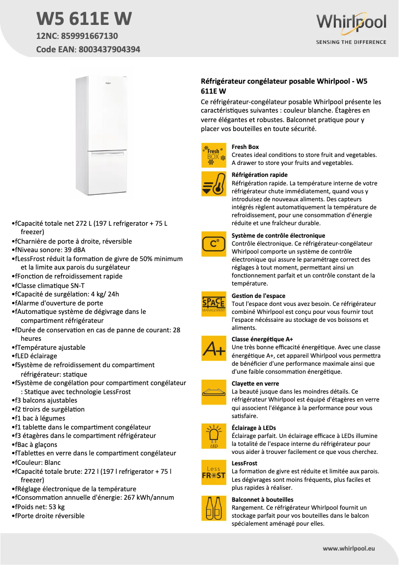 Page 1 de la notice Fiche technique Whirlpool W5 611E W
