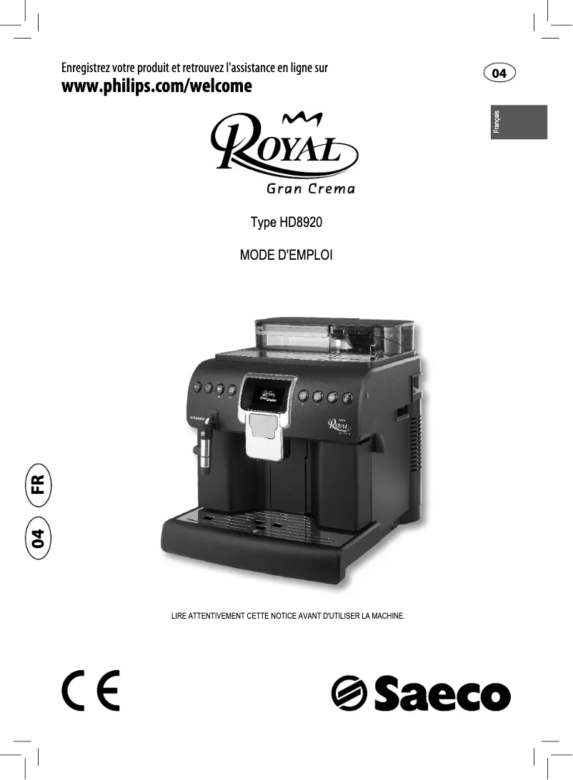 Page n°1 - Manuel utilisateur Philips Saeco Royal Gran Crema HD8920