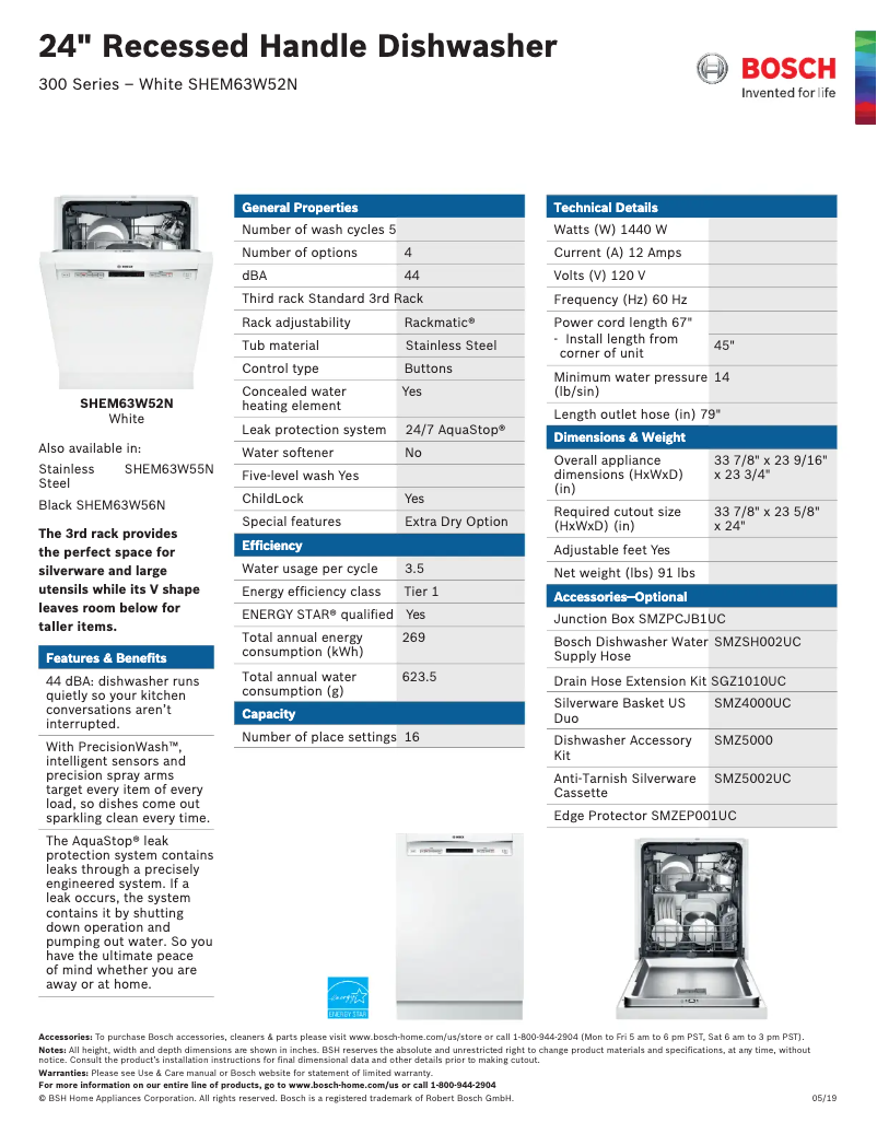Page 1 de la notice Fiche technique Bosch SHEM63W52N