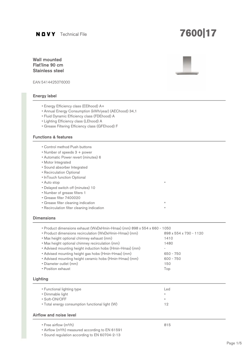 Page 1 de la notice Fiche technique Novy Flat'line 7600