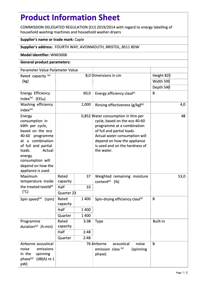 Page 1 de la notice Fiche technique Caple WMI3006