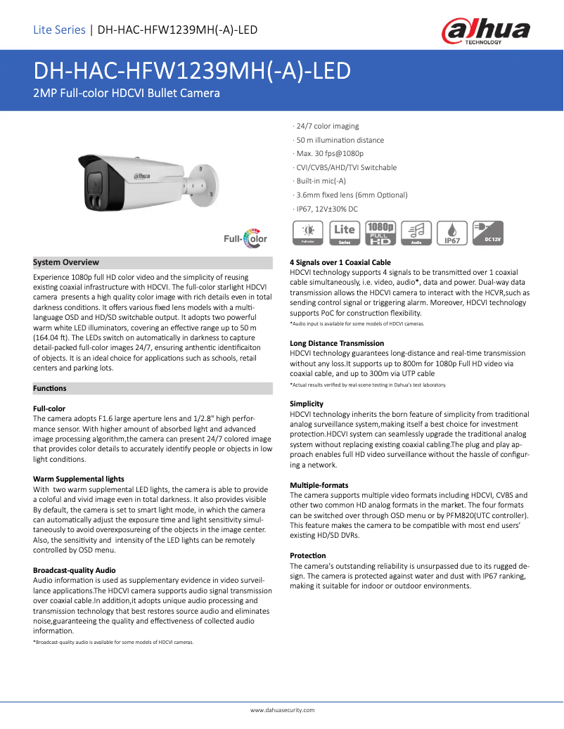 Page n°1 - Fiche technique Dahua Technology HAC-HFW1239MH-A-LED