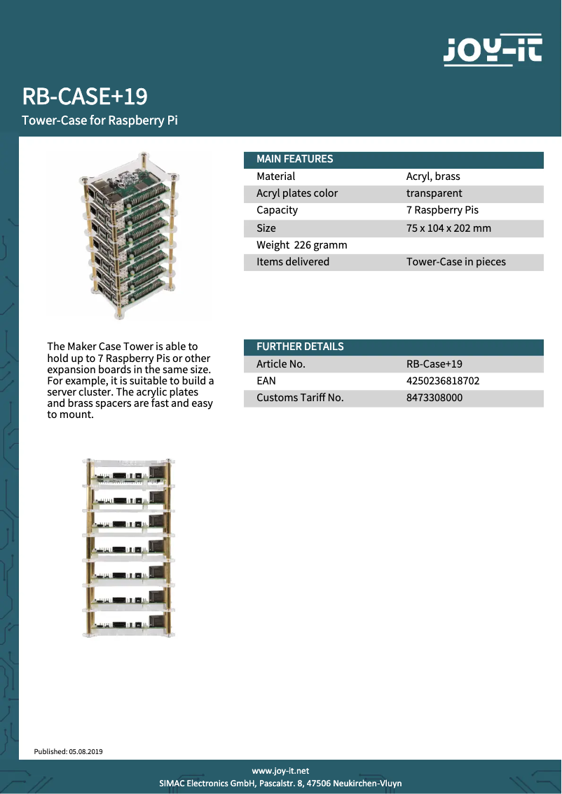 Página 1 del manual Ficha técnica Joy-It RB-Case+19